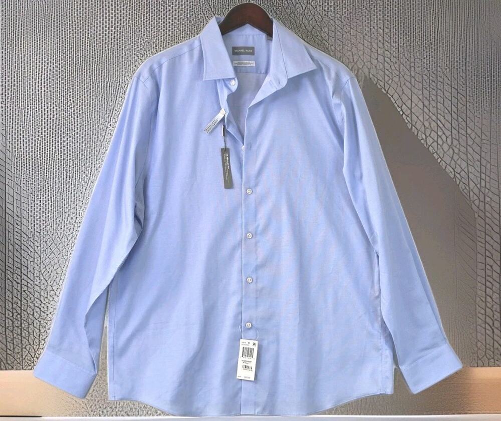 Michael Kors Airsoft Stretch Men's 17 34/35 Blue Shirt MK Regular Fit Non-Iron